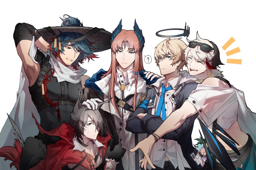 5boys :d ? ^_^ arknights arm_behind_head arm_up armpits baishousuan black_eyes black_gloves black_jacket black_shirt blue_hair blue_necktie cape closed_eyes coat creator_connection elysium_(arknights) elysium_(shimmering_dew)_(arknights) executor_(arknights) closed_eyes facial_hair gloves grey_hair halo hat highres jacket male_focus mr._nothing_(arknights) mr._nothing_(pale_rising_moon)_(arknights) multicolored_hair multiple_boys necktie official_alternate_costume open_mouth orange_hair passenger_(arknights) phantom_(arknights) phantom_(focus)_(arknights) red_cape red_hair shirt short_hair simple_background sleeveless sleeveless_shirt smile spoken_question_mark streaked_hair stubble white_background white_cape white_coat white_hair white_shirt