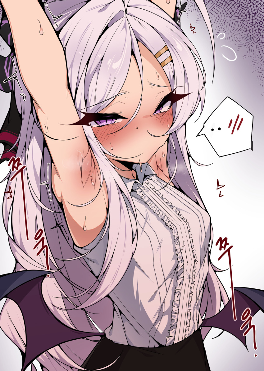 absurdres ahoge arm_up armpit_focus armpits black_skirt blue_archive blush breasts demon_girl demon_horns demon_wings embarrassed highres hina_(blue_archive) horns kkry99 loli long_hair looking_at_viewer nose_blush presenting_armpit purple_eyes shirt simple_background skirt small_breasts sweat white_hair white_shirt wings