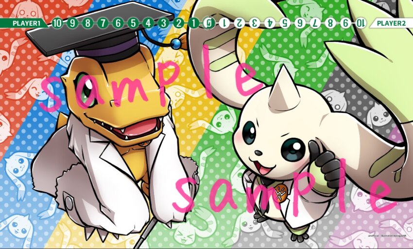 agumon_hakase digimon digimon_(creature) hat sharp_teeth teeth terriermon_assistant thumbs_up