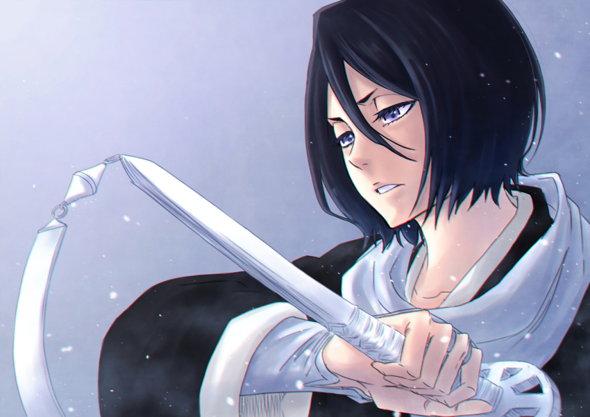 1girl arm_warmers black_hair black_kimono bleach commentary double-parted_bangs eyelashes grey_background hair_between_eyes half-closed_eyes highres holding holding_sword holding_weapon japanese_clothes katana kimono kuchiki_rukia long_sleeves looking_down mitarashi_(5333069) nose parted_lips purple_eyes ribbon scarf serious short_eyebrows short_hair simple_background snow sode_no_shirayuki_(shikai) solo straight_hair sword tsurime upper_body v-shaped_eyebrows weapon white_ribbon white_scarf wide_sleeves
