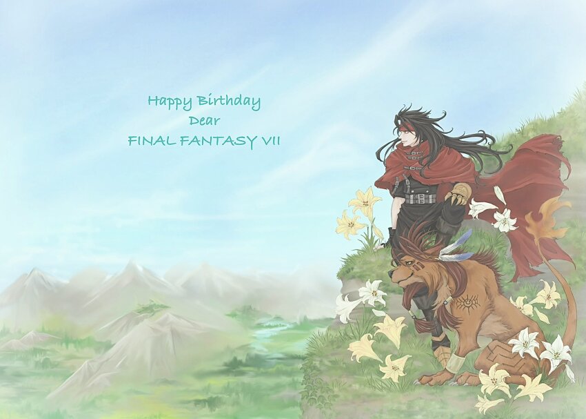 2boys animal anniversary beads belt black_gloves black_hair black_pants black_shirt body_markings brown_hair clawed_gauntlets claws cloak closed_mouth facial_mark feather_hair_ornament feathers final_fantasy final_fantasy_vii flame-tipped_tail flower gloves hair_beads hair_ornament happy_birthday headband highres lily_(flower) long_hair looking_to_the_side male_focus msa_mne multiple_belts multiple_boys nature orange_fur pants profile red_cloak red_headband red_xiii shirt sidelocks sitting smile vincent_valentine white_flower yellow_flower