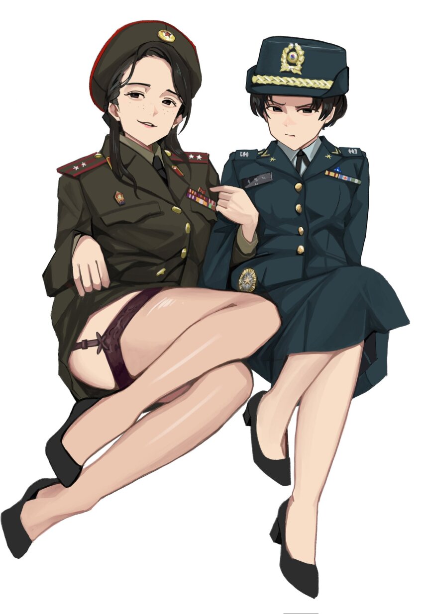 2girls black_necktie black_shoes brown_hat brown_jacket brown_skirt commentary_request female_service_cap green_hat green_jacket green_skirt hat high_heels highres jacket korean_people&#039;s_army legs long_sleeves looking_at_viewer military_dress_uniform military_uniform multiple_girls name_tag necktie north_korea original republic_of_korea_army ribbon_bar shoes shoulder_boards simple_background sitting skirt south_korea thighs wani_(perfect_han) white_background