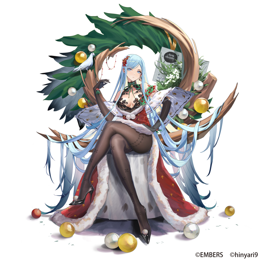 1girl bird black_footwear black_gloves blue_eyes blue_hair breasts character_request christmas_ornaments christmas_wreath copyright_notice copyright_request crossed_legs dove dress elbow_gloves fur-trimmed_dress fur_trim gloves high_heels highres long_hair merry_christmas miyazakisoul pantyhose pom_pom_(clothes) red_dress sitting solo wreath