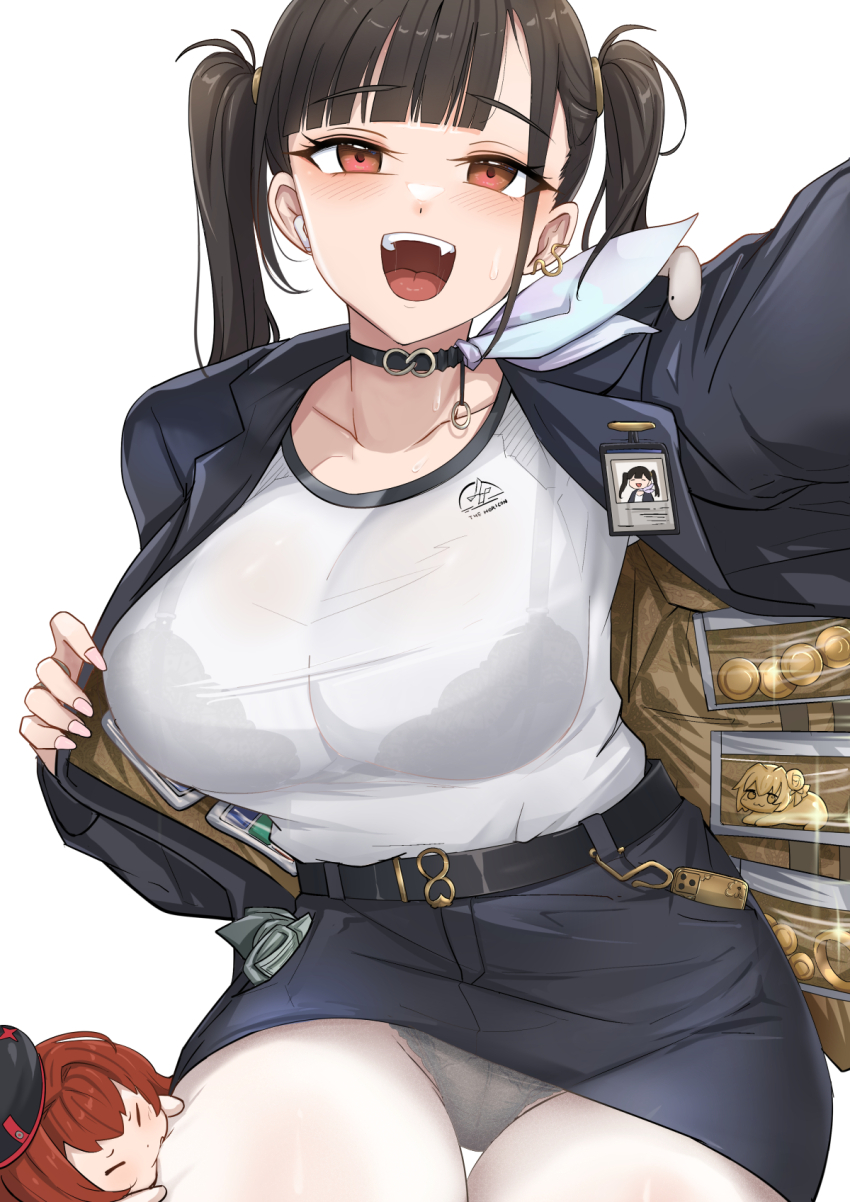 1girl :d asymmetrical_bangs belt beret black_belt black_bra black_choker black_hair black_hat black_jacket black_skirt blunt_bangs bra bra_visible_through_clothes breasts choker collarbone commentary doro_(nikke) fang goddess_of_victory:_nikke hat highres id_card jacket large_breasts long_hair long_sleeves looking_at_viewer miniskirt open_clothes open_mouth panties panties_under_pantyhose pantyhose pantyshot pencil_skirt rapi_(nikke) rapi_(red_hood)_(nikke) red_eyes red_hair shirt simple_background skirt smile sora_(nikke) teeth thigh_biting twintails underwear upper_teeth_only white_background white_panties white_pantyhose white_shirt wireless_earphones yougenko