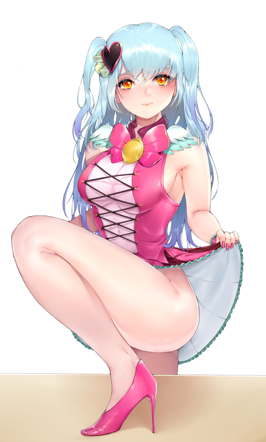 1girl absurdres armpits bare_arms blue_hair bow bowtie breasts commentary_request hair_ornament heart heart_hair_ornament high_heels highres large_breasts leg_up lobotomy_corporation long_hair long_sleeves looking_at_viewer lubban pink_bow pink_bowtie pink_shoes project_moon queen_of_hatred shoes sidelocks simple_background solo thighs two_side_up white_background wrist_cuffs yellow_eyes