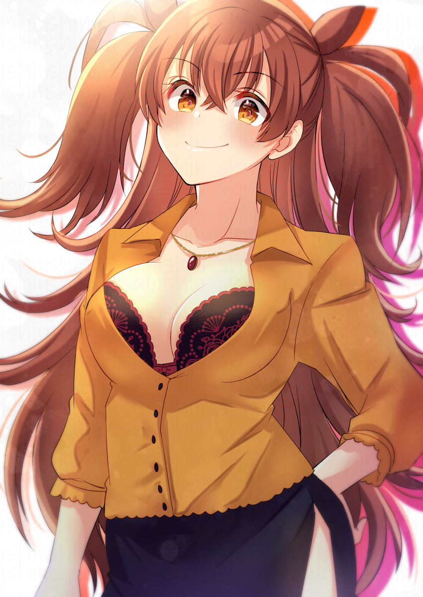 1girl absurdres bra breasts brown_hair collar dr._arach highres lace lace_bra large_breasts long_hair orange_vest patterned_clothing shimotsukishin smile tsukihime tsukihime_(remake) underwear vest yellow_eyes