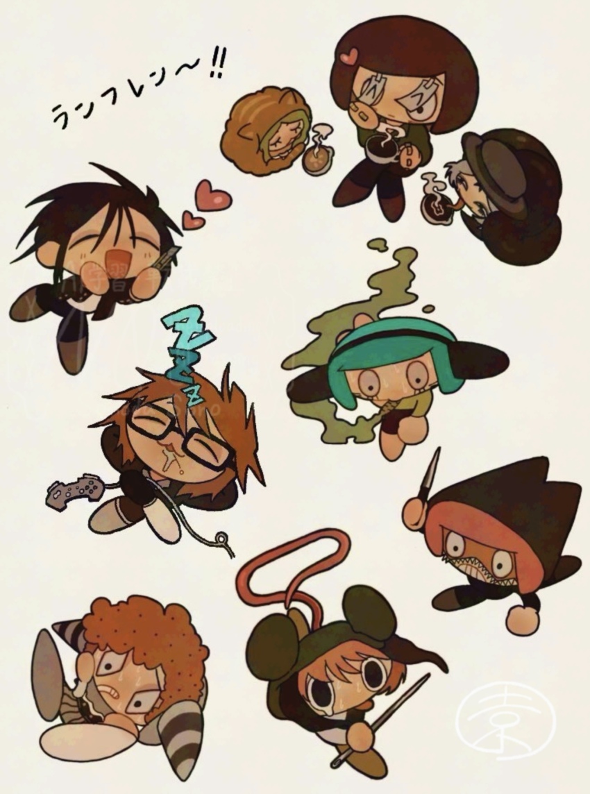 2girls 6+boys animal_hat black_hair blue_hair brown_hair chibi clown controller full_body gakuran game_controller glasses hat highres holding holding_knife holding_needle human_head kitty_carpet_(randal&#039;s_friends) knife luther_von_ivory marijuana mouse_boy mouse_hat mouse_tail multiple_boys multiple_girls nana_(randal&#039;s_friends) needle nyen_(randal&#039;s_friends) nyon_(randal&#039;s_friends) orange_hair pink_hair present_day_problem_takeuchi_robert randal&#039;s_friends school_uniform sebastian_de_tomato_smith_chicken_legs short_hair simple_background sleeping smoking snake_girl sonodainuha tail taped_note translation_request tsukada_satoru yellow_background