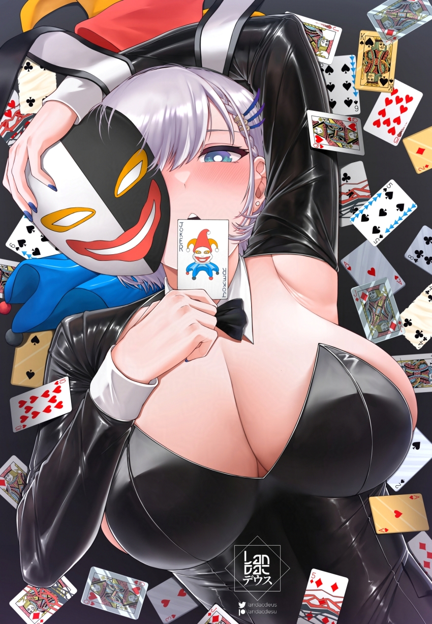 1girl animal_ears arm_up armpits artist_name balatro black_leotard blue_eyes blush bow bowtie braid braided_bangs breasts card cleavage detached_collar fake_animal_ears feather_hair_ornament feathers grey_hair hair_ornament highres hololive hololive_indonesia joker_(playing_card) landacdeus large_breasts leotard looking_at_viewer mask open_mouth pavolia_reine playboy_bunny playing_card poker rabbit_ears short_hair shrug_(clothing) solo strapless strapless_leotard virtual_youtuber wrist_cuffs