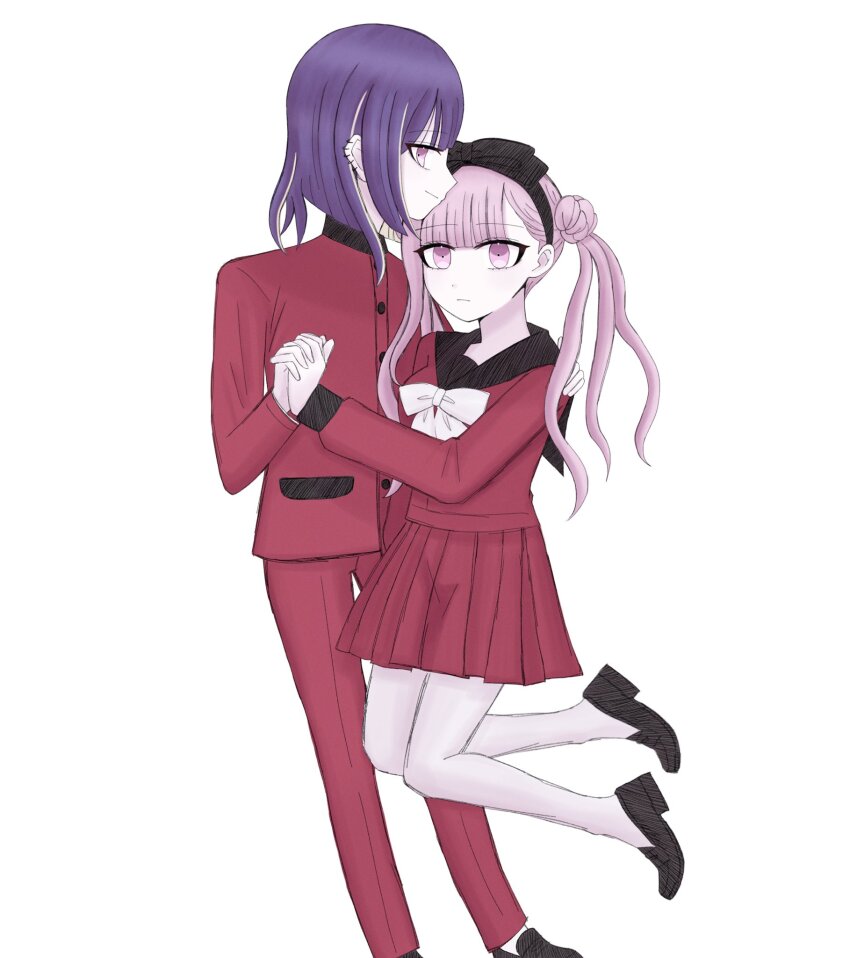 1boy 1girl black_bow black_hairband black_headband black_shoes bow brother_and_sister closed_mouth full_body hair_bow hairband headband holding_hands long_hair looking_at_viewer pants pantyhose pink_eyes pink_hair plated_skirt purple_hair red_pants red_shirt red_skirt shirt shoes siblings simple_background skirt smile standing the_hundred_line_-last_defense_academy- tsukumo_ima tsukumo_kako twins twintails white_background white_bow white_pantyhose