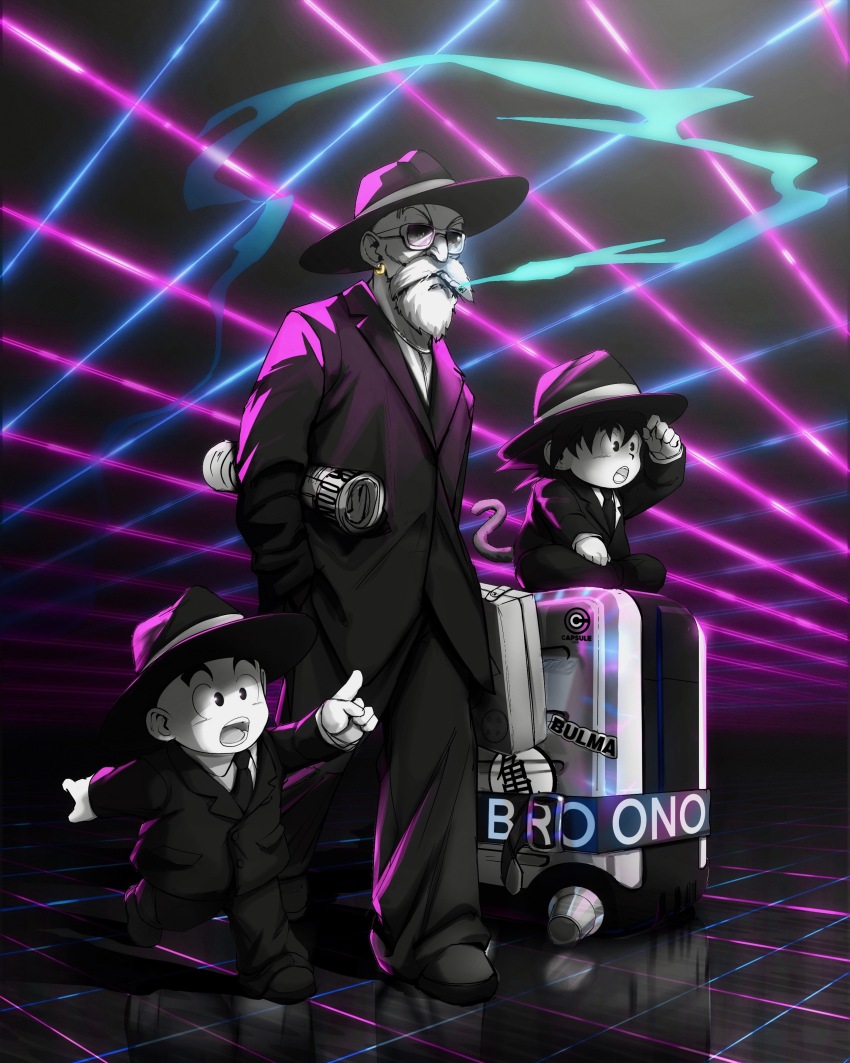 3boys absurdres artist_name beard black_footwear black_hat black_suit broonoart cigarette dragon_ball dragon_ball_(classic) earrings facial_hair fedora formal_clothes full_beard hat highres holding holding_newspaper jewelry kuririn male_focus monkey_tail multiple_boys muten_roushi newspaper on_suitcase rolled_up_newspaper smoking son_goku suit suitcase sunglasses tail