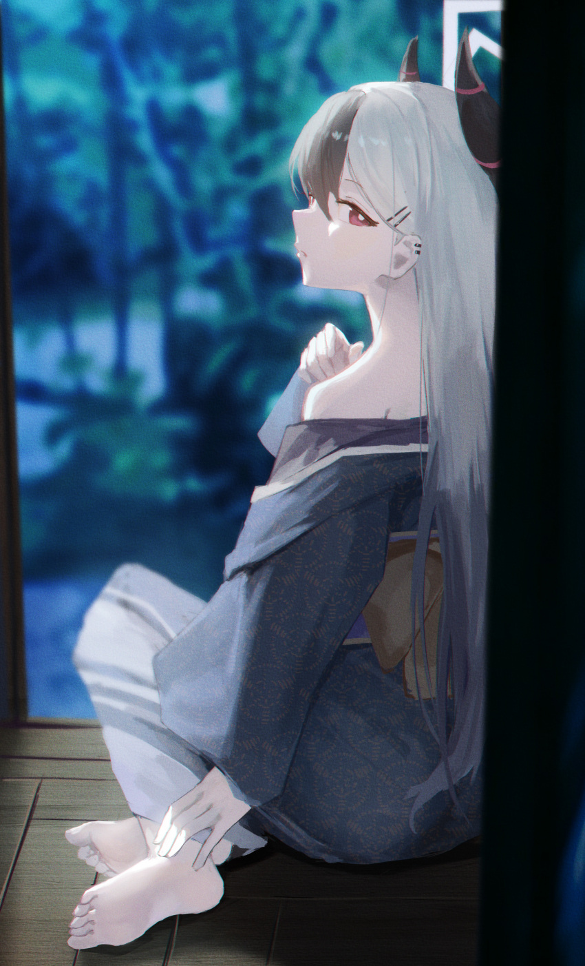 1girl absurdres bare_shoulders barefoot black_kimono blue_archive bright_pupils demon_girl demon_horns ear_piercing feet from_behind haimaotuanzi hair_behind_ear hair_ornament hairclip highres horns japanese_clothes kayoko_(blue_archive) kayoko_(new_year)_(blue_archive) kimono long_hair looking_at_viewer multicolored_hair official_alternate_costume official_alternate_hairstyle on_floor piercing red_eyes sash single_bare_shoulder sitting soles solo toes two-tone_hair white_hair white_pupils yellow_sash