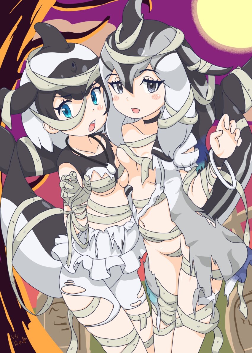 2girls bandages black_choker black_hair black_one-piece_swimsuit blowhole blue_eyes blush cetacean_tail choker collarbone commerson&#039;s_dolphin_(kemono_friends) dolphin_girl dorsal_fin dress fins fish_tail frilled_one-piece_swimsuit frills grey_dress grey_eyes grey_hair hair_between_eyes halloween head_fins highres jewelry kemono_friends long_hair multicolored_hair multiple_girls mummy_costume necklace one-piece_swimsuit open_mouth pacific_white-sided_dolphin_(kemono_friends) ririnasoon sailor_collar shell shell_necklace short_hair sidelocks swimsuit tail torn_clothes two-tone_hair two-tone_one-piece_swimsuit white_hair white_one-piece_swimsuit