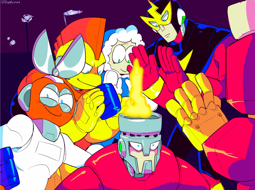 6+boys blue_eyes bomb_man commentary cut_man elec_man english_commentary fire fire_man grin guts_man highres ice_man looking_at_viewer male_focus mega_man_(classic) mega_man_(series) mega_man_1 multiple_boys out_of_frame prince_(uurw4387) smile smug warming_hands