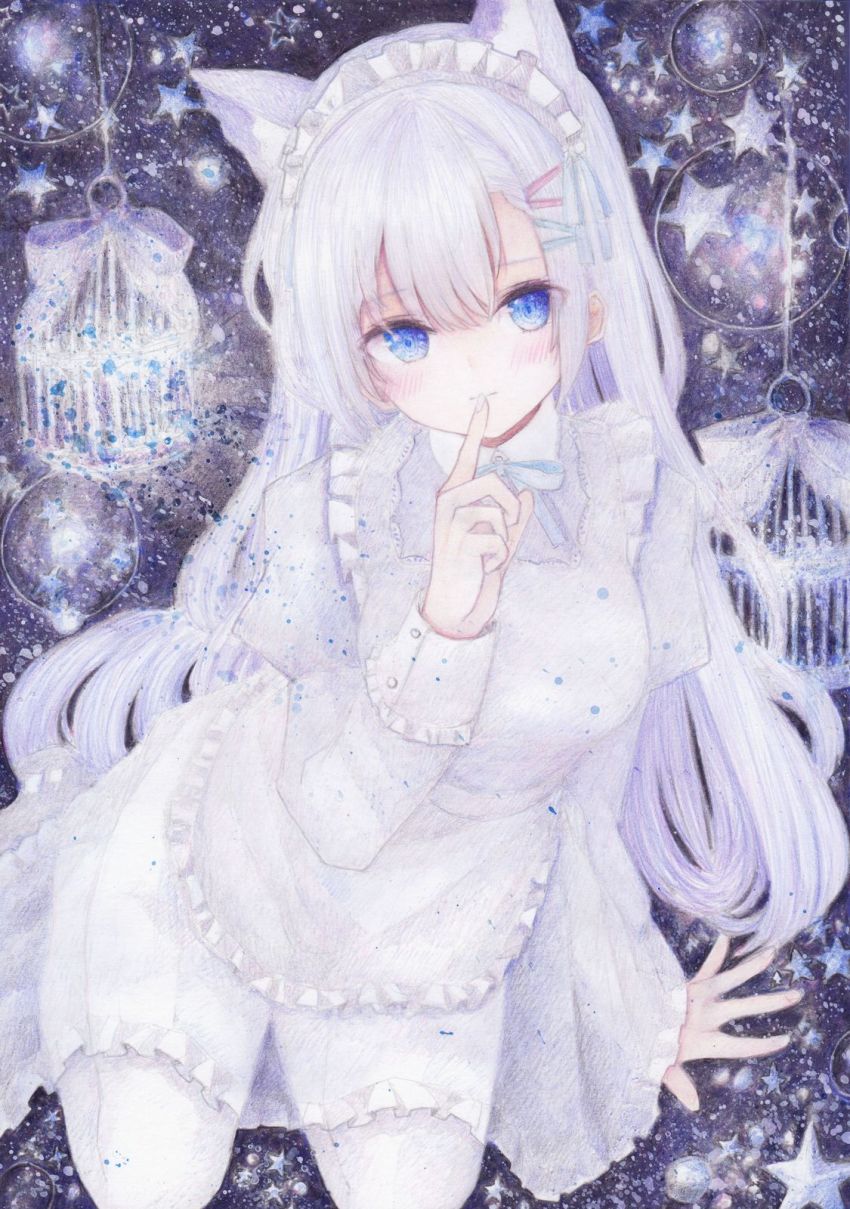 1girl animal_ears apron blue_eyes blush cat_ears closed_mouth colored_pencil_(medium) darkkanan dress eyes_visible_through_hair frilled_apron frilled_dress frills hair_between_eyes hair_ribbon highres kneeling long_hair looking_at_viewer maid_apron maid_headdress original painting_(medium) pinafore_dress ribbon seiza sidelocks sitting sleeveless_dress solo traditional_media watercolor_(medium) white_dress white_hair white_legwear