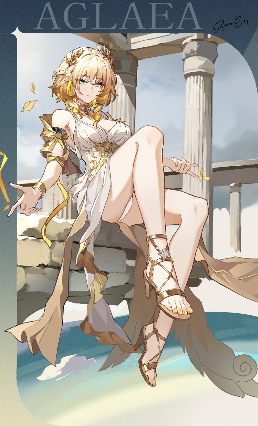 1girl absurdres aglaea_(honkai:_star_rail) ancient_greek_clothes bare_legs blonde_hair breasts character_name cleavage commentary_request dress feet greco-roman_clothes green_eyes high_heels highleg highres honkai:_star_rail honkai_(series) large_breasts laurel_crown legs nail_polish nekochan233 sandals short_hair sitting solo stone_pillar toenail_polish toenails toes white_dress
