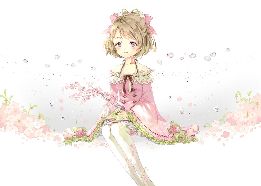 absurdres blush brown_hair dress highres koizumi_hanayo love_live! love_live!_school_idol_festival love_live!_school_idol_project purple_eyes sakura short_hair smile
