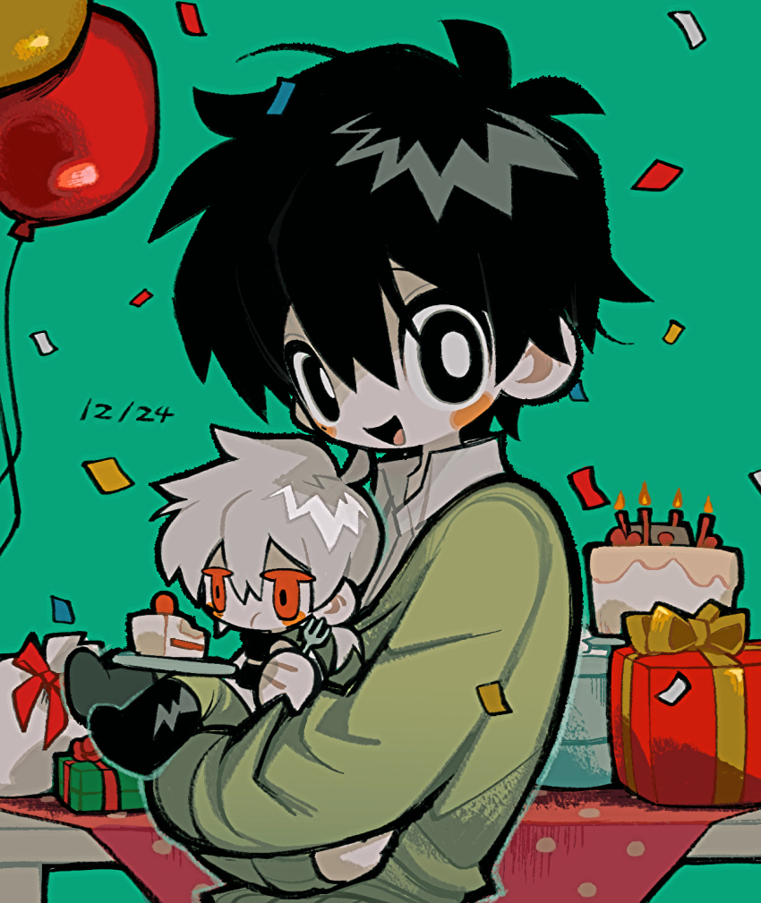2boys aqua_background balloon birthday black_eyes black_hair blush_stickers bright_pupils cake collared_shirt confetti crossed_arms dual_persona food fork gift green_sweater highres holding holding_fork kagerou_project kokonose_haruka konoha_(kagerou_project) looking_at_viewer mini_person miniboy multiple_boys open_mouth plate ponytail shirt short_ponytail simple_background smile sweater tonkatsu184 white_hair white_pupils white_shirt