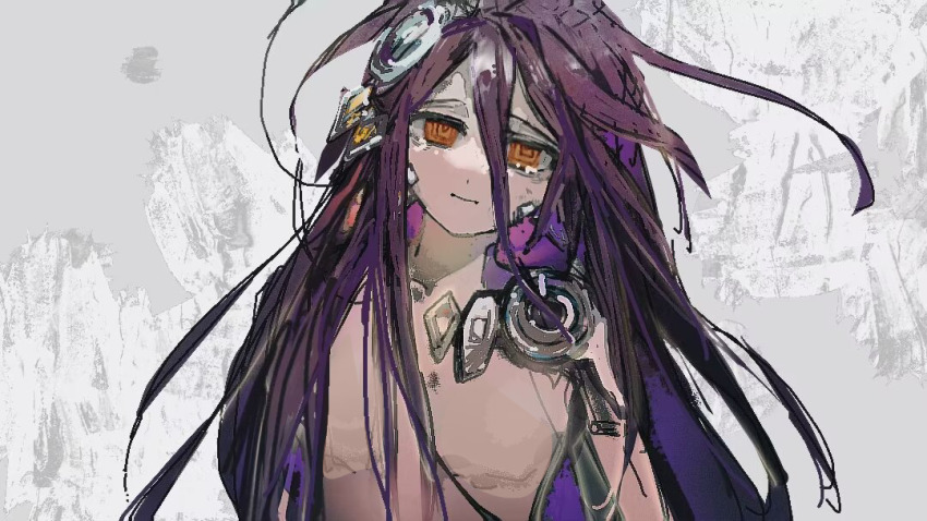 1girl @_@ chinese_commentary closed_mouth commentary_request grey_background head_tilt heibaihuabing jaggy_lines long_bangs long_hair looking_at_viewer messy_hair no_game_no_life nude orange_eyes purple_hair shuvi_(no_game_no_life) solo upper_body