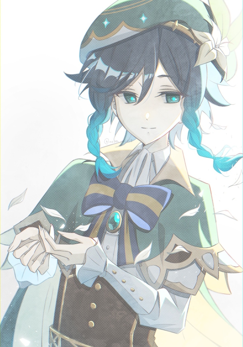 1boy beret blue_hair braid cape flower genshin_impact gradient_hair green_eyes green_hat hair_ornament hat highres long_sleeves multicolored_hair nowa_mi112 shirt short_hair_with_long_locks smile solo twin_braids venti_(genshin_impact) white_background white_flower