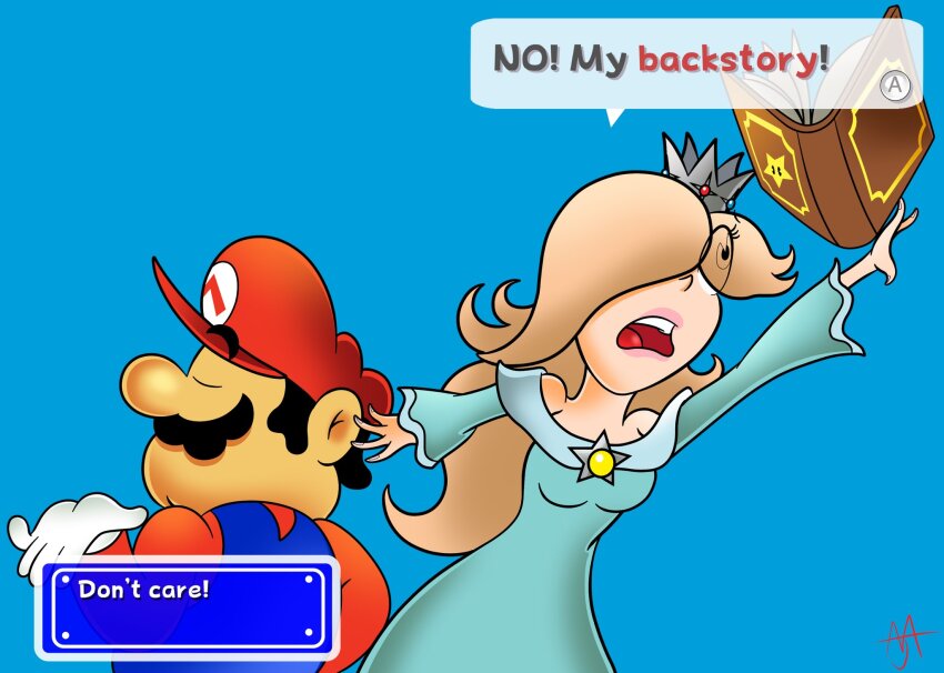 1boy 1girl annoyed blonde_hair blue_dress book brown_hair closed_eyes crown dress earrings facial_hair gloves hair_over_one_eye hat highres jewelry long_hair mario mario_(series) mustache nintendo overalls red_hat rosalina speech_bubble super_mario_galaxy surprised talking