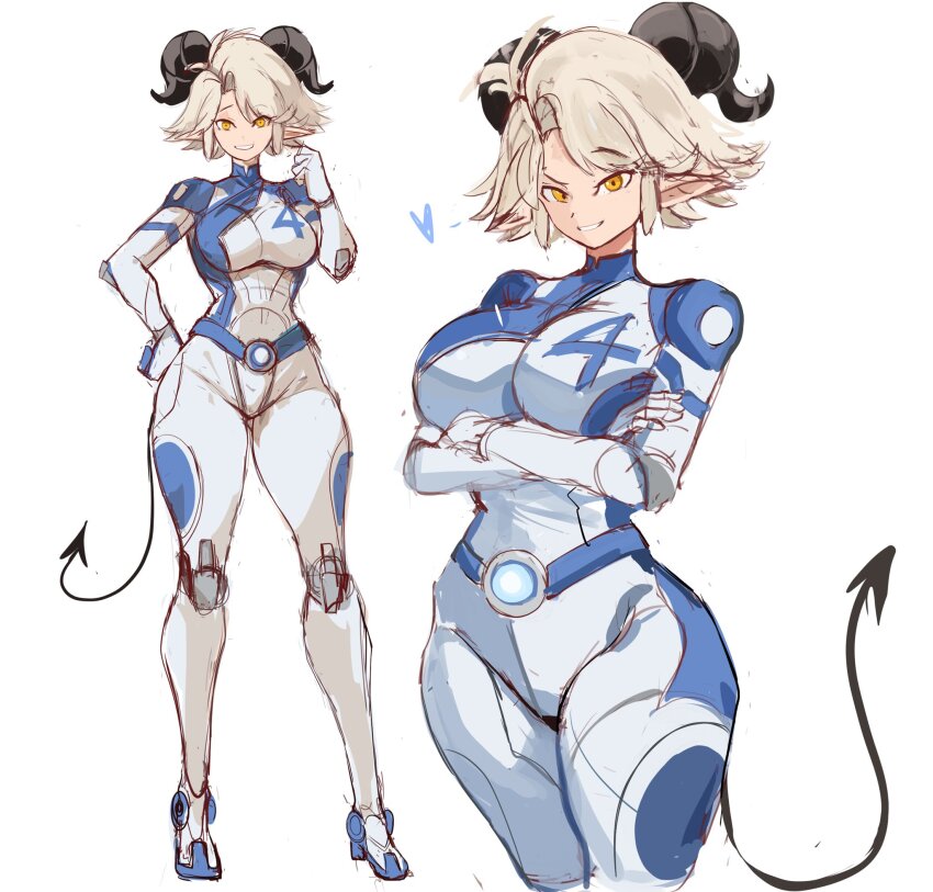 1girl black_horns blonde_hair blue_bodysuit bodysuit breasts commentary cosplay crossed_arms demon_girl demon_horns demon_tail english_commentary fantastic_four highres horns large_breasts looking_at_viewer marvel marvel_rivals multicolored_bodysuit multiple_views name_connection original pointy_ears rakeemspoon short_hair simple_background sue_storm sue_storm_(cosplay) susan_(rakeemspoon) tail text_print white_background white_bodysuit yellow_eyes