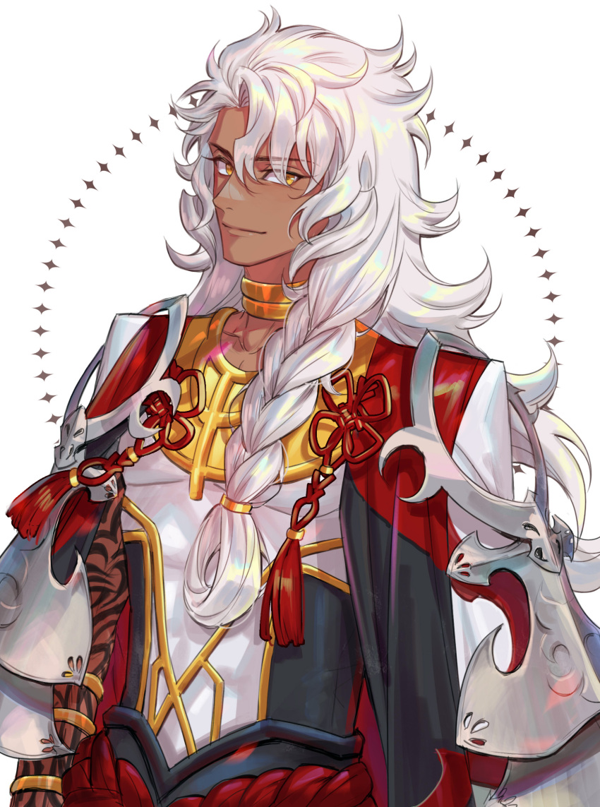 1boy closed_mouth commentary_request dark-skinned_male dark_skin dnstar_1019 fate/grand_order fate_(series) gold_trim highres jewelry korean_commentary long_hair looking_at_viewer male_focus robe simple_background smile solo solomon_(fate) very_long_hair white_background white_hair white_robe yellow_eyes