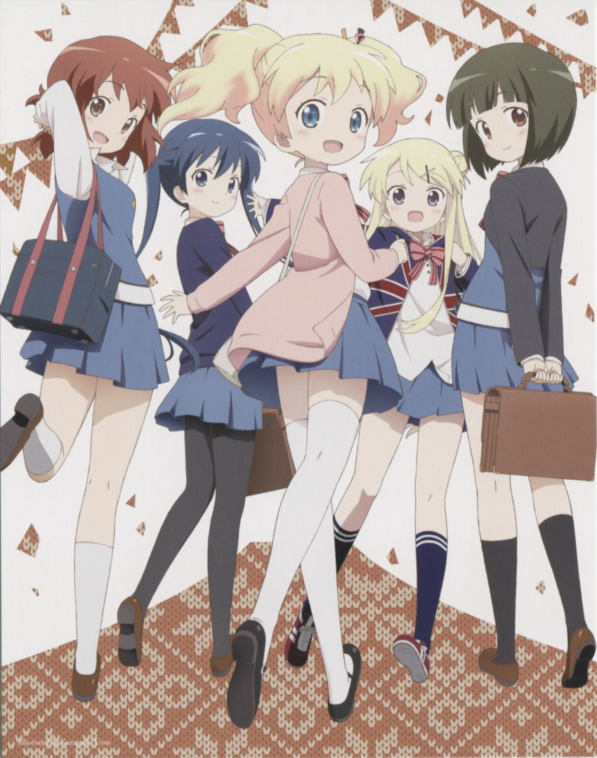 5girls 6+girls :d alice_cartelet arms_behind_back artist_name bag black_jacket black_pantyhose black_shoes black_socks blonde_hair blue_eyes blue_hair blue_hoodie blue_skirt blue_socks blue_sweater blue_vest brown_bag brown_eyes brown_hair brown_shoes cardigan closed_mouth collared_shirt from_behind full_body green_hair hair_bun hair_ornament hairclip highres holding holding_bag hood hood_down hoodie inokuma_youko jacket kin-iro_mosaic komichi_aya kujou_karen loafers long_hair long_sleeves looking_at_viewer looking_back miniskirt moegi_high_school_uniform multiple_girls non-web_source official_art oomiya_shinobu open_cardigan open_clothes open_jacket open_mouth pantyhose pink_cardigan pleated_skirt purple_eyes red_shoes scan school_uniform shirt shoes short_hair single_hair_bun skirt smile socks sweater thighhighs twintails ueta_kazuyuki vest walking white_shirt white_socks white_thighhighs winter_uniform x_hair_ornament