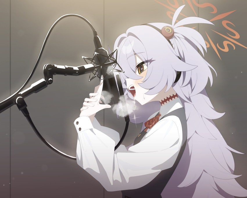 1girl absurdres black_dress blue_archive blush dress from_side grey_hair halo heart heart_in_eye highres honi_(honi1010) kanoe_(blue_archive) long_hair long_sleeves microphone open_mouth orange_eyes orange_halo pinafore_dress saliva saliva_trail shirt sleeveless sleeveless_dress smile solo studio_microphone symbol_in_eye upper_body white_shirt
