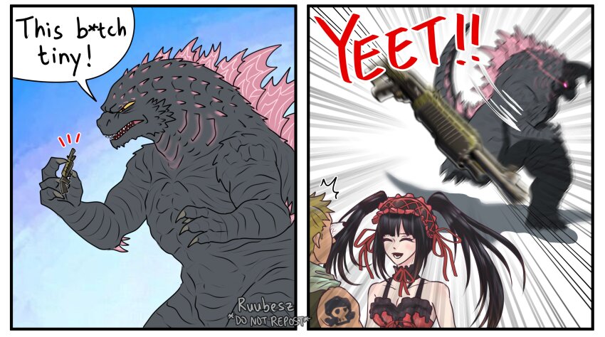 1girl 2boys absurdres black_choker black_dress black_hair breasts character_request choker cleavage closed_eyes combat_shotgun crossover date_a_live dress dual-mode_shotgun english_text fortnite godzilla godzilla_(monsterverse) godzilla_(series) godzilla_evolved godzilla_x_kong:_the_new_empire gun highres holding holding_gun holding_weapon kaiju king_kong_(series) legendary_pictures lizard long_hair meme monsterverse multiple_boys multiple_crossover pump-action_shotgun pump_action ruubesz scarf semi-automatic_shotgun short_hair shotgun shoulder_tattoo sleeveless sleeveless_dress spas-12 tattoo toho tokisaki_kurumi twintails two-tone_dress weapon yeet_(meme)