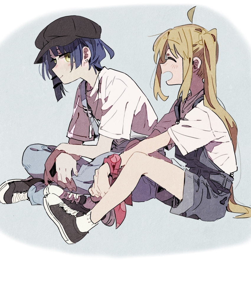 2girls ^_^ ahoge alternate_costume bare_arms black_footwear black_hat black_ribbon blonde_hair blue_background blue_hair blue_overalls blue_shorts bocchi_the_rock! border newsboy_cap casual chinese_commentary closed_eyes closed_mouth commentary_request crossed_ankles denim denim_shorts derivative_work full_body hair_ribbon hair_spread_out hands_on_lap happy hat hezhezhijiyu highres ijichi_nijika light_blush long_hair looking_at_another mole mole_under_eye multiple_girls open_mouth overalls own_hands_together parody_request pointy_nose polka_dot polka_dot_wristband ponytail_with_braided_base procreate_(medium) ribbon shirt shoes short_hair_with_long_locks short_sleeves shorts side_ponytail single_sidelock single_strap sitting smile sneakers socks t-shirt tress_ribbon very_long_hair white_border white_shirt white_socks yamada_ryo yellow_eyes