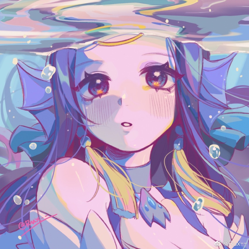 1girl bare_shoulders blue_hair blush breasts character_request check_character cleavage collarbone fins highres league_of_legends long_hair medium_breasts nami_(league_of_legends) parted_lips purple_eyes ruan_chen_yue solo splendid_staff_nami teeth underwater water