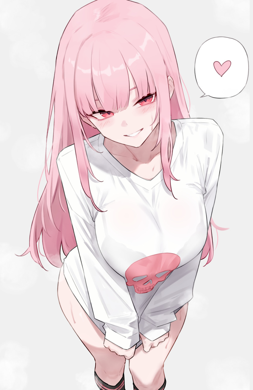 1girl absurdres black_bra black_socks bluefield blush bra bra_visible_through_clothes breasts collarbone grey_background grin heart highres hololive hololive_english large_breasts long_hair long_sleeves looking_at_viewer mori_calliope pink_eyes pink_hair pink_lips shirt shirt_tug simple_background skull_print sleeves_past_wrists smile socks solo speech_bubble spoken_heart sweat thighs underwear virtual_youtuber white_shirt