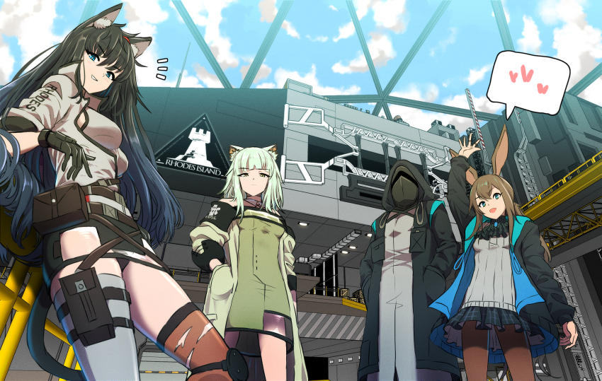 1other 3girls :d amiya_(arknights) animal_ear_fluff animal_ears arknights arm_at_side arm_up asymmetrical_legwear belt belt_pouch black_coat black_gloves black_hair black_panties black_skirt blaze_(arknights) blue_eyes blue_hair blue_sky breasts brown_pantyhose building cat_ears cat_girl cat_tail closed_mouth coat day doctor_(arknights) dress expressionless facing_viewer gloves gradient_hair green_dress grey_hair grey_shirt grey_thighhighs hairband hand_in_pocket hands_in_pockets heart highres hood hood_up hooded_coat jacket kal&#039;tsit_(arknights) large_breasts looking_at_viewer mask medium_breasts miniskirt mismatched_legwear multicolored_hair multiple_girls open_clothes open_coat open_jacket open_mouth outdoors panties pantyhose pantyshot parted_lips pouch rabbit_ears red_hairband red_thighhighs revision rhodes_island_logo_(arknights) samacho see-through_clothes shirt short_hair skirt sky smile speech_bubble spoken_heart star_of_life tail tank_top thighhighs torn_clothes torn_thighhighs underwear upskirt waving white_jacket