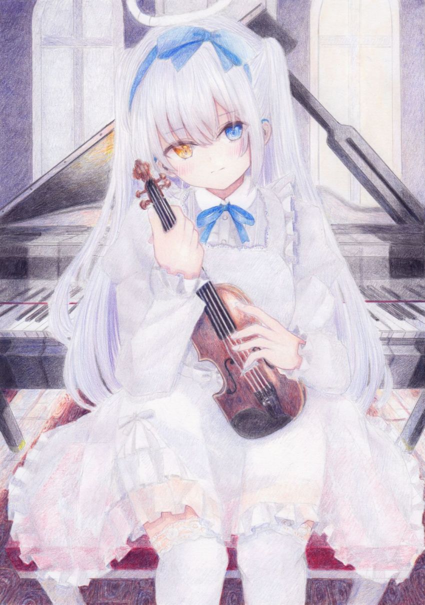 1girl apron blush closed_mouth colored_pencil_(medium) darkkanan deaf disability dress eyes_visible_through_hair frilled_apron frilled_dress frills hair_between_eyes hairband halo head_tilt hearing_aid heterochromia highres instrument long_hair looking_at_viewer original painting_(medium) piano pinafore_dress see-through_clothes sidelocks sitting sleeveless sleeveless_dress solo thighhighs traditional_media twintails violin watercolor_(medium) white_dress white_hair white_thighhighs