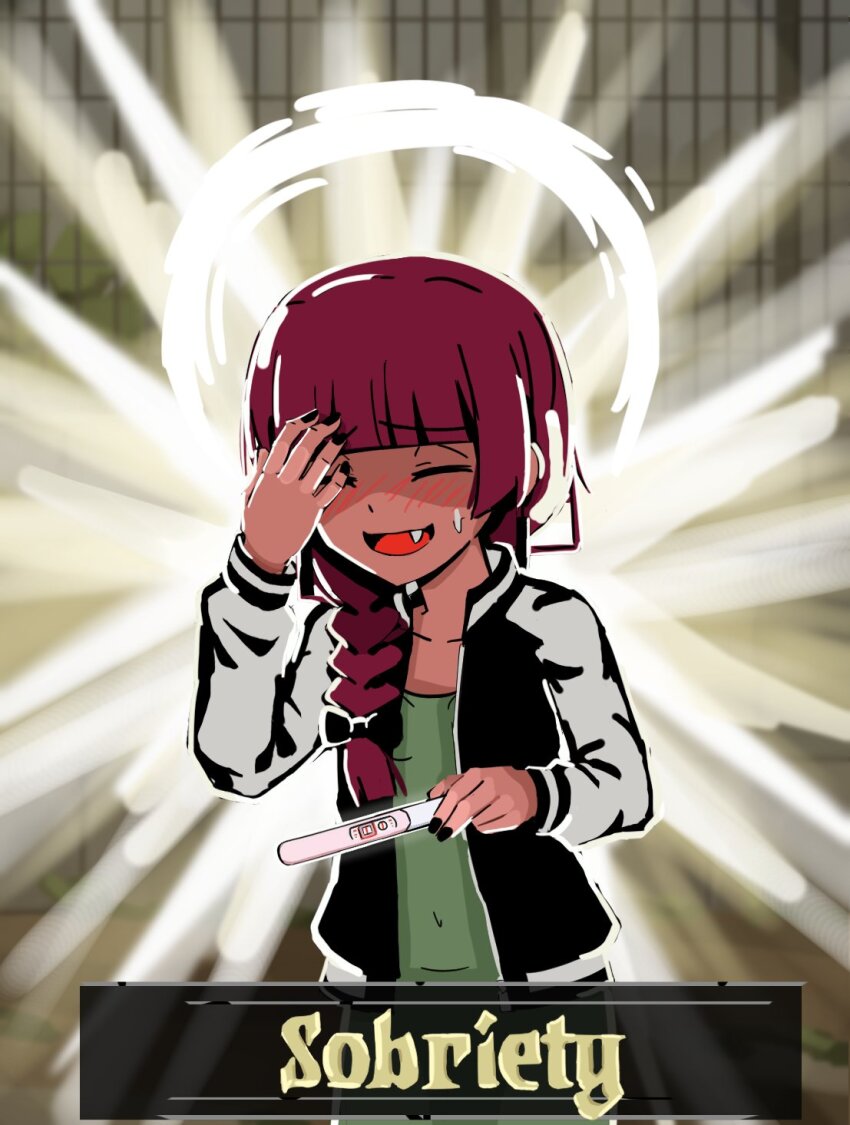 1girl black_nails blush bocchi_the_rock! braid closed_eyes commentary darkest_dungeon dress english_text fang green_dress hair_over_shoulder hand_on_own_face hand_on_own_head highres hiroi_kikuri holding holding_pregnancy_test jacket kurokimoko nail_polish open_clothes open_jacket open_mouth parody pregnancy_test purple_hair single_braid smile solo sweat sweatdrop upper_body