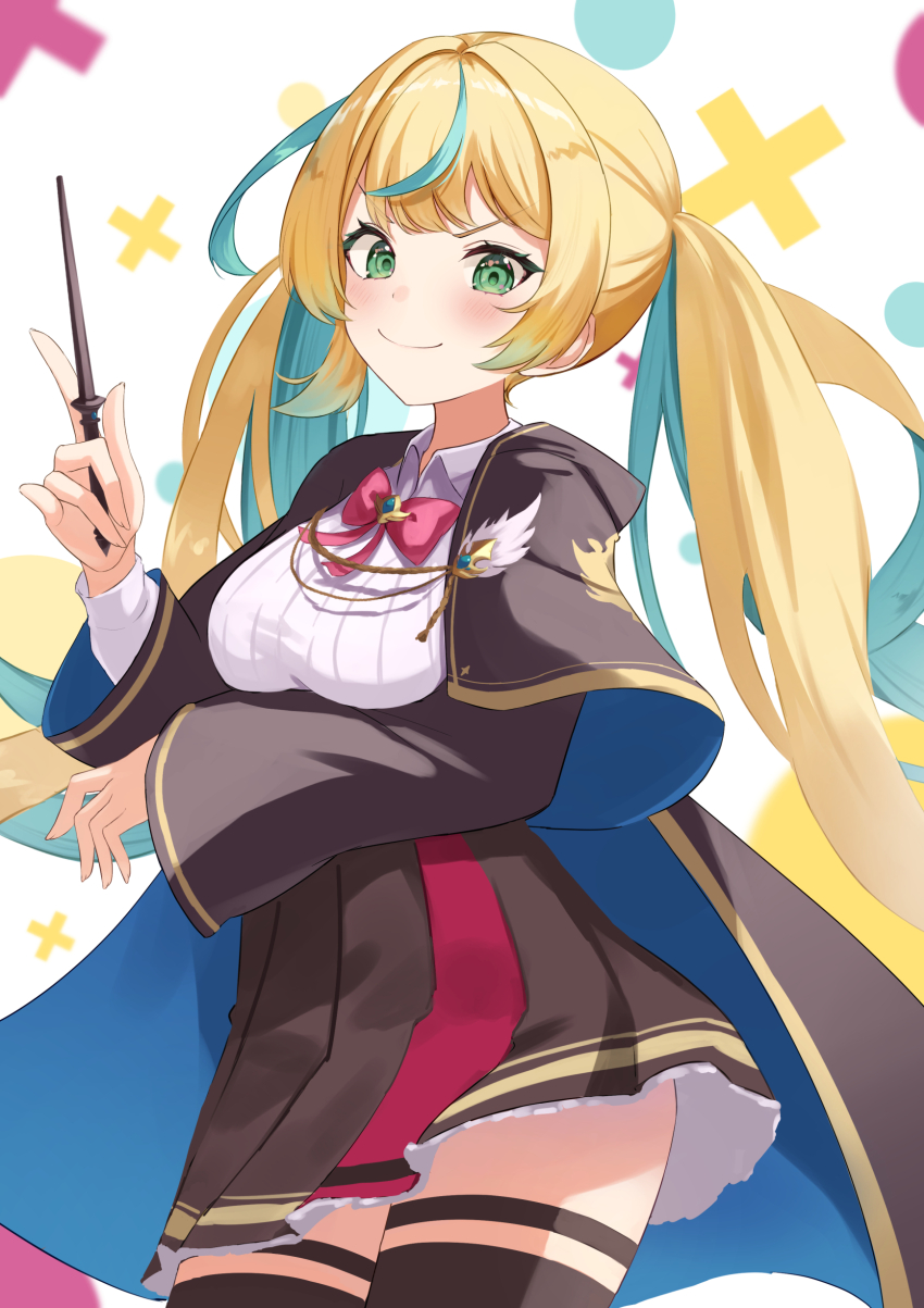 1girl absurdres aqua_hair arm_under_breasts black_capelet black_thighhighs blonde_hair blush bow bowtie breasts capelet cowboy_shot framed_breasts green_eyes highres holding holding_staff indoors long_hair looking_at_viewer mage_staff medium_breasts miniskirt multicolored_hair nijisanji pleated_skirt red_ribbon ribbon simple_background skirt smile smug solo staff streaked_hair tachitsute_toto takechi49 thighhighs twintails virtual_youtuber wizard zettai_ryouiki