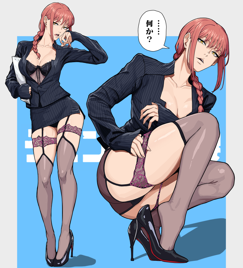 1girl absurdres blazer border braid braided_ponytail breasts chainsaw_man cleavage clipboard collarbone garter_straps high_heels highres holding holding_clipboard jacket long_hair looking_at_viewer makima_(chainsaw_man) medium_breasts mikey_pie miniskirt multiple_views open_mouth parted_lips red_hair skirt sleeves_past_wrists squatting thighhighs thighs white_border yellow_eyes