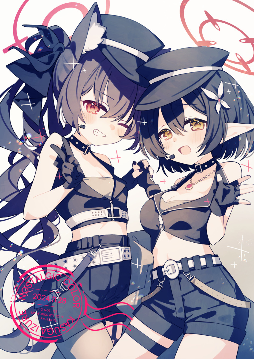 2girls ayane_(blue_archive) ayane_(idol)_(blue_archive) bare_shoulders black_choker black_hair blue_archive choker hair_between_eyes highres kasuga_haruhi looking_at_viewer multiple_girls official_alternate_costume official_alternate_hairstyle ponytail red_eyes serika_(blue_archive) serika_(idol)_(blue_archive) thigh_strap thighs yellow_eyes