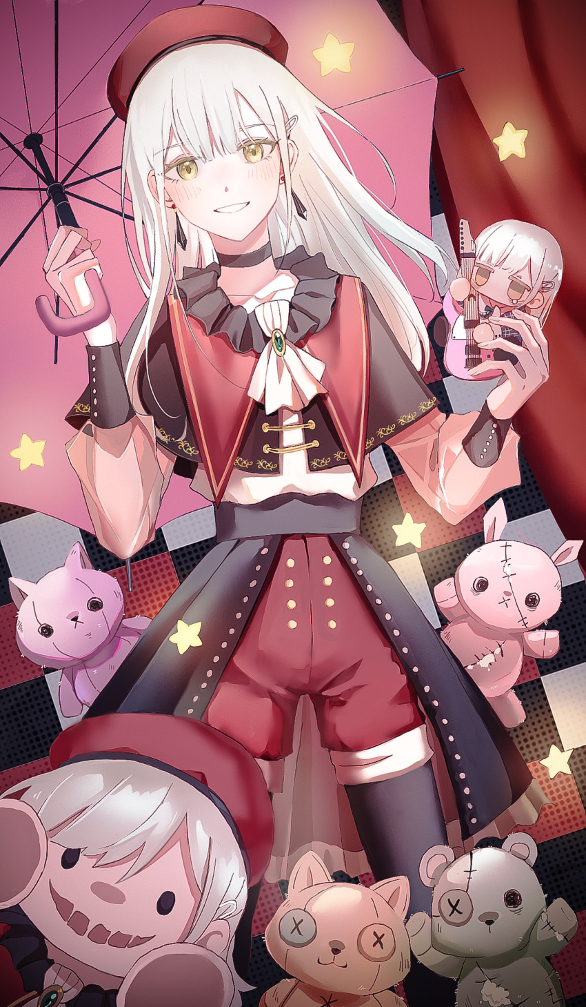 2girls against_fourth_wall ascot bang_dream! bang_dream!_it&#039;s_mygo!!!!! black_capelet black_choker black_pantyhose black_skirt black_sleeve_cuffs brooch capelet character_doll checkered_background chinese_commentary choker commentary_request cowboy_shot crimiko curtains dotted_background dual_persona earrings electric_guitar fanged_bangs glowing green_brooch green_ribbon grin guitar hair_ornament hairclip hands_up high-waist_shorts highres holding holding_guitar holding_instrument holding_mini_person holding_umbrella instrument jewelry long_hair looking_at_viewer mini_person minigirl mortis_(bang_dream!) mortis_(costume)_(bang_dream!) mortis_(persona)_(bang_dream!) multiple_girls neck_ribbon pantyhose pink_umbrella plaid_clothes red_shorts ribbon schecter_guitar see-through_clothes see-through_sleeves shirt shirt_tucked_in shorts showgirl_skirt skirt sleeve_cuffs smile solo_focus stage_curtains star_(symbol) stitches straight-on stuffed_animal stuffed_cat stuffed_rabbit stuffed_toy stuffing tearing_up tears teddy_bear umbrella wakaba_mutsumi wakaba_mutsumi_(doll) white_ascot white_hair white_shirt yellow_eyes