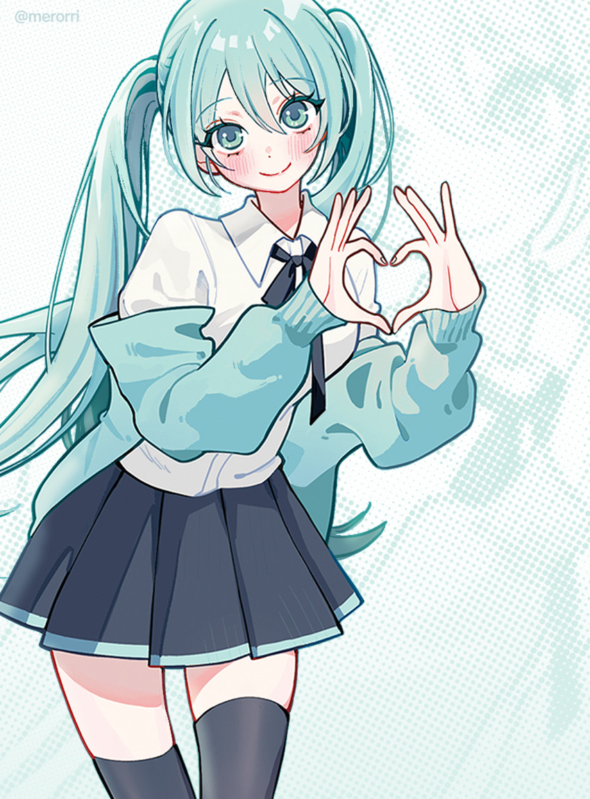 1girl four-finger_heart_hands adapted_costume alternate_costume aqua_cardigan aqua_eyes aqua_hair black_ribbon black_skirt black_thighhighs blush cardigan commentary fingernails hatsune_miku heart heart_hands highres long_hair looking_at_viewer merori neck_ribbon pleated_skirt ribbon school_uniform shirt skirt smile solo thighhighs twintails twitter_username very_long_hair vocaloid white_shirt zettai_ryouiki