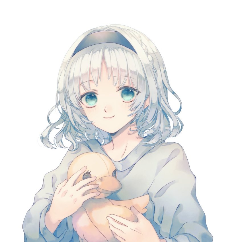 1girl angel braid casual commission green_eyes hairband halo halo_removed headset_removed highres kamishiro_rita hugging_object papermoon_game prism_project second-party_source simple_background skeb_commission solo stuffed_animal stuffed_toy virtual_youtuber white_background white_hair