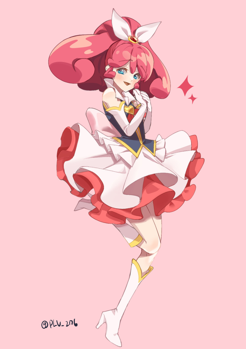 1girl :d back_bow black_vest blue_eyes blush boots bow brooch cure_mirage curly_hair curly_sidelocks dot_nose elbow_gloves full_body gloves hair_bow hair_ornament happinesscharge_precure! heart heart_brooch high_ponytail highres jewelry knee_boots layered_skirt looking_at_viewer magical_girl medium_hair open_mouth pink_background pink_bow pink_hair plv_276 ponytail popped_collar precure queen_mirage red_skirt simple_background skirt smile solo standing standing_on_one_leg twitter_username vest white_boots white_bow white_gloves white_skirt