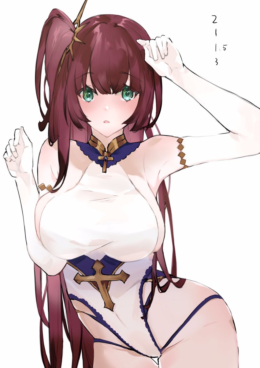 1girl azur_lane blush breasts brown_hair contrapposto elbow_gloves gloves green_eyes highres large_breasts leotard long_hair looking_at_viewer neko_(ganecooo) one_side_up parted_lips sideboob simple_background solo surcouf_(azur_lane) thigh_gap very_long_hair white_background white_gloves white_leotard wide-eyed