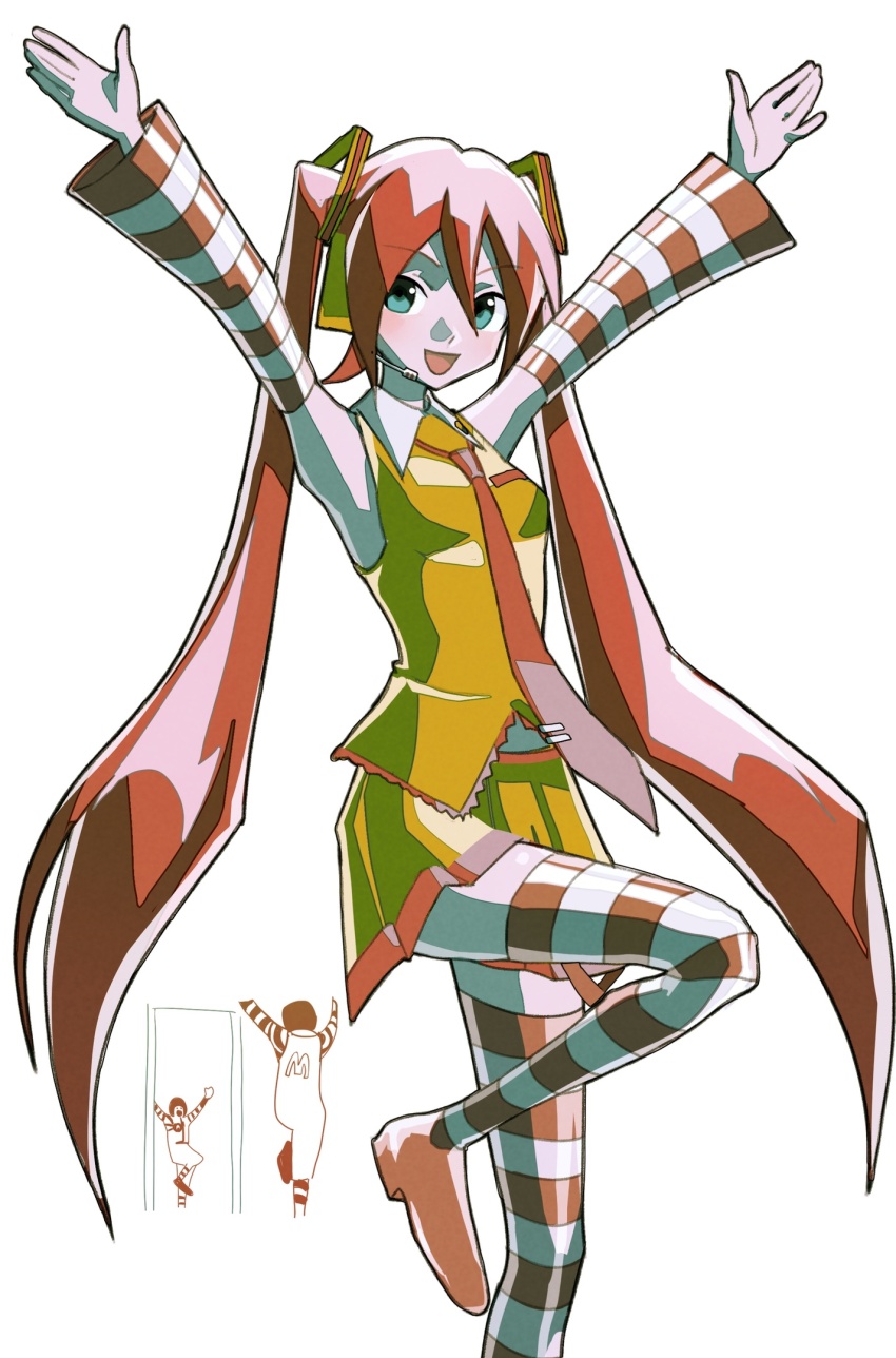 1boy 1girl afro aqua_eyes arms_up blush clown collared_shirt commentary cosplay crossover detached_sleeves hair_between_eyes hatsune_miku headphones headset highres kyandii long_hair looking_at_viewer mcdonald&#039;s meme necktie open_mouth palette_swap pleated_skirt red_hair red_necktie ronald_mcdonald ronald_mcdonald_(cosplay) shirt simple_background skirt sleeveless smile solo_focus standing standing_on_one_leg striped_clothes striped_sleeves striped_thighhighs thighhighs twintails very_long_hair vocaloid white_background