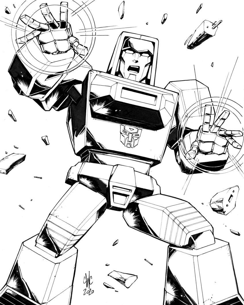1boy absurdres autobot casey_w._coller commentary english_commentary greyscale highres lineart mecha monochrome no_humans open_hands open_mouth robot solo standing transformers white_eyes windcharger