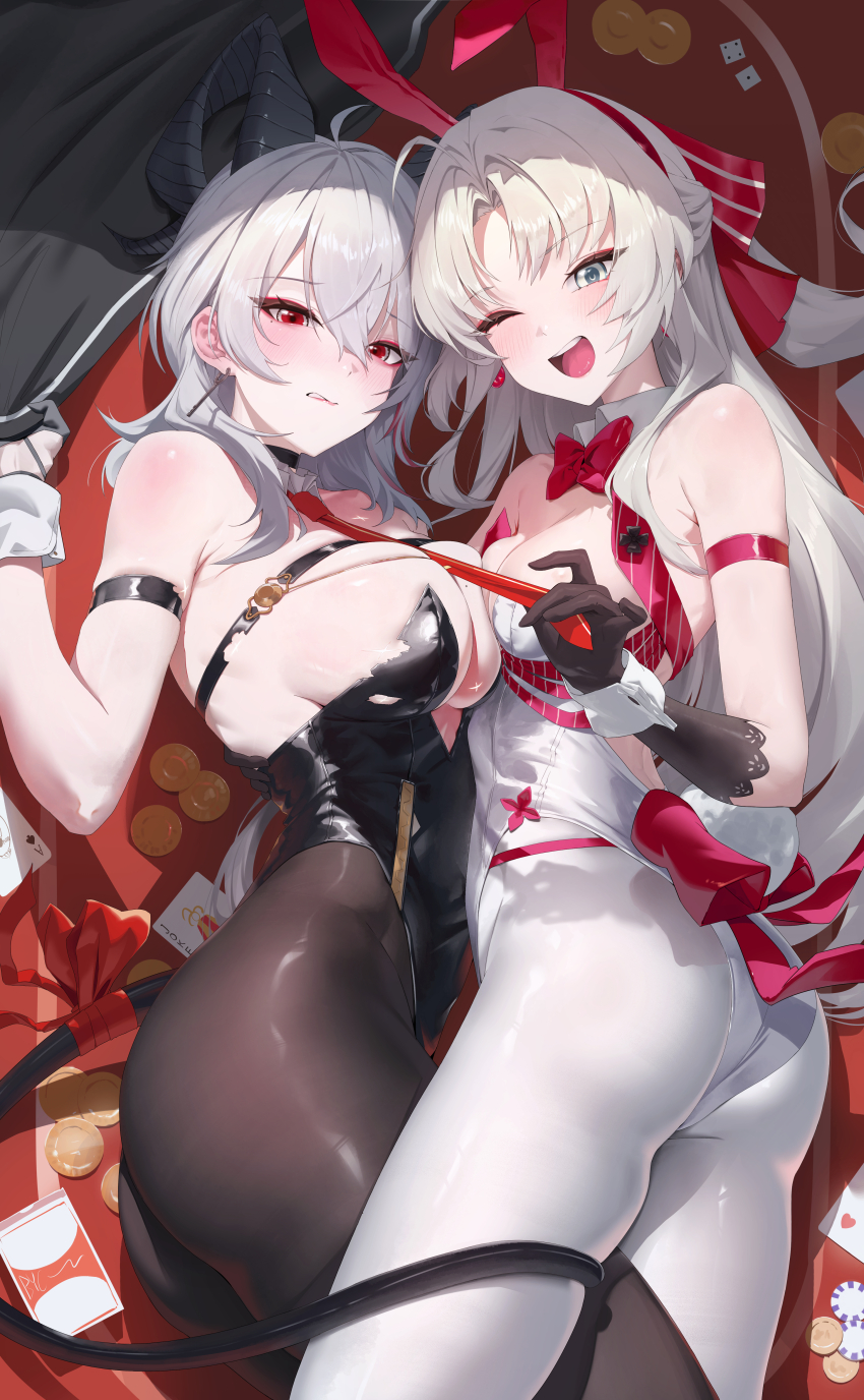 2girls :d absurdres alternate_costume animal_ear_hairband animal_ears arm_strap armpit_crease ass bare_shoulders black_choker black_gloves black_horns black_leotard black_pantyhose black_tail blush bow bowtie breasts card carlotta_(wuthering_waves) choker clothes_grab collar commentary curled_horns detached_collar earrings embarrassed fake_animal_ears fake_tail gloves hair_between_eyes hair_bow hairband highres horns jewelry key_earrings large_breasts leotard long_hair looking_at_viewer medium_breasts multiple_girls necktie necktie_grab neckwear_grab on_table one_eye_closed open_mouth pantyhose parted_lips pink_bow pink_bowtie playboy_bunny playing_card poker_chip poker_table rabbit_ear_hairband rabbit_ears rabbit_tail red_eyes red_necktie rkin smile strapless strapless_leotard striped_bow table tail tail_around_another&#039;s_leg tail_wrap teeth thighs upper_teeth_only white_collar white_eyes white_hair white_leotard white_pantyhose white_wrist_cuffs wrist_cuffs wuthering_waves zani_(wuthering_waves)