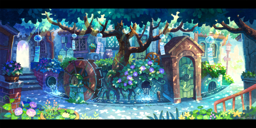 canal door fantasy flower grate highres kemi_neko lamppost morning_glory original scenery shade stairs stone_stairs summer tree water water_wheel wind_chime
