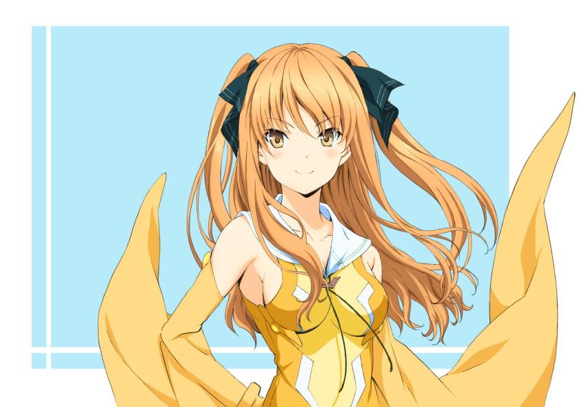 1girl absurdres ao_no_kanata_no_four_rhythm black_ribbon blonde_hair blue_background blush bodysuit breasts brown_eyes closed_mouth collarbone detached_sleeves hair_ribbon highres long_hair looking_to_the_side medium_breasts nakano_keiya ribbon satouin_reiko sideboob simple_background skin_tight smile solo upper_body white_background yellow_bodysuit