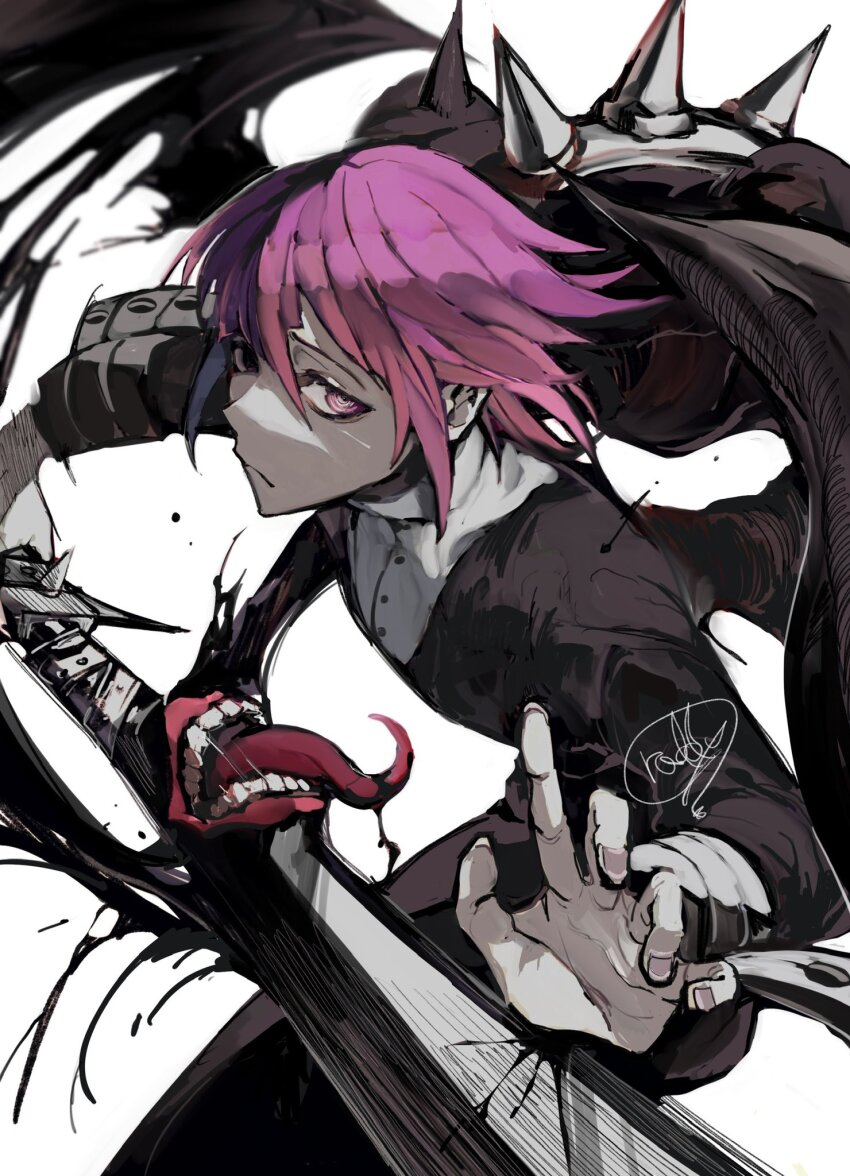 1other androgynous artist_name black_blood black_dress blood crona_(soul_eater) dress expressionless furrowed_brow hair_between_eyes highres holding holding_sword holding_weapon looking_at_viewer open_mouth pale_skin pink_eyes pink_hair raddy_358 ragnarok_(demon_sword) saliva short_hair signature simple_background soul_eater sword teeth tongue upper_body weapon white_background