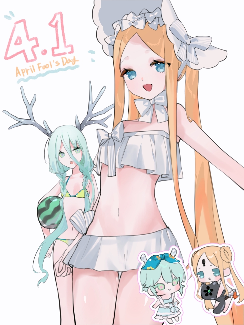 2girls abigail_williams_(fate) abigail_williams_(swimsuit_foreigner)_(fate) abigail_williams_(swimsuit_foreigner)_(second_ascension)_(fate) abigail_williams_(swimsuit_foreigner)_(third_ascension)_(fate) antlers bare_shoulders bikini blonde_hair blue_eyes bonnet bow breasts cat chibi fate/grand_order fate_(series) food forehead fruit hair_between_eyes hair_bow hat highres horns long_hair looking_at_viewer louhi_(fate) louhi_(first_ascension)_(fate) louhi_(second_ascension)_(fate) miniskirt multiple_girls navel open_mouth parted_bangs sidelocks siho_is_alien skirt small_breasts smile swimsuit thighs twintails very_long_hair watermelon white_bikini white_bow white_eyes white_hair white_hat yellow_bikini